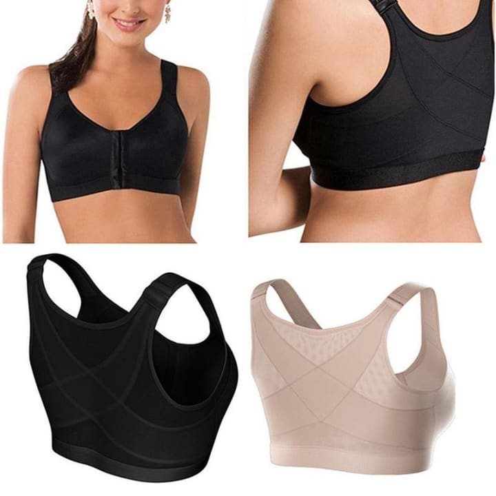 Soutien gorge correcteur de posture beige et noir sur femme