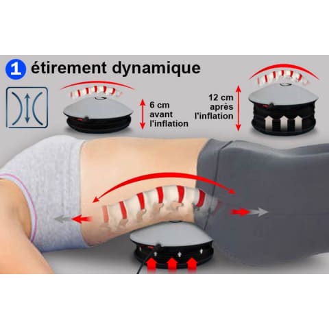 Appareil de Massage Vibrant pour le Dos Smart Lumbar Pro X qui produit un étirement dynamique des vertèbres lombaires d'une femme.