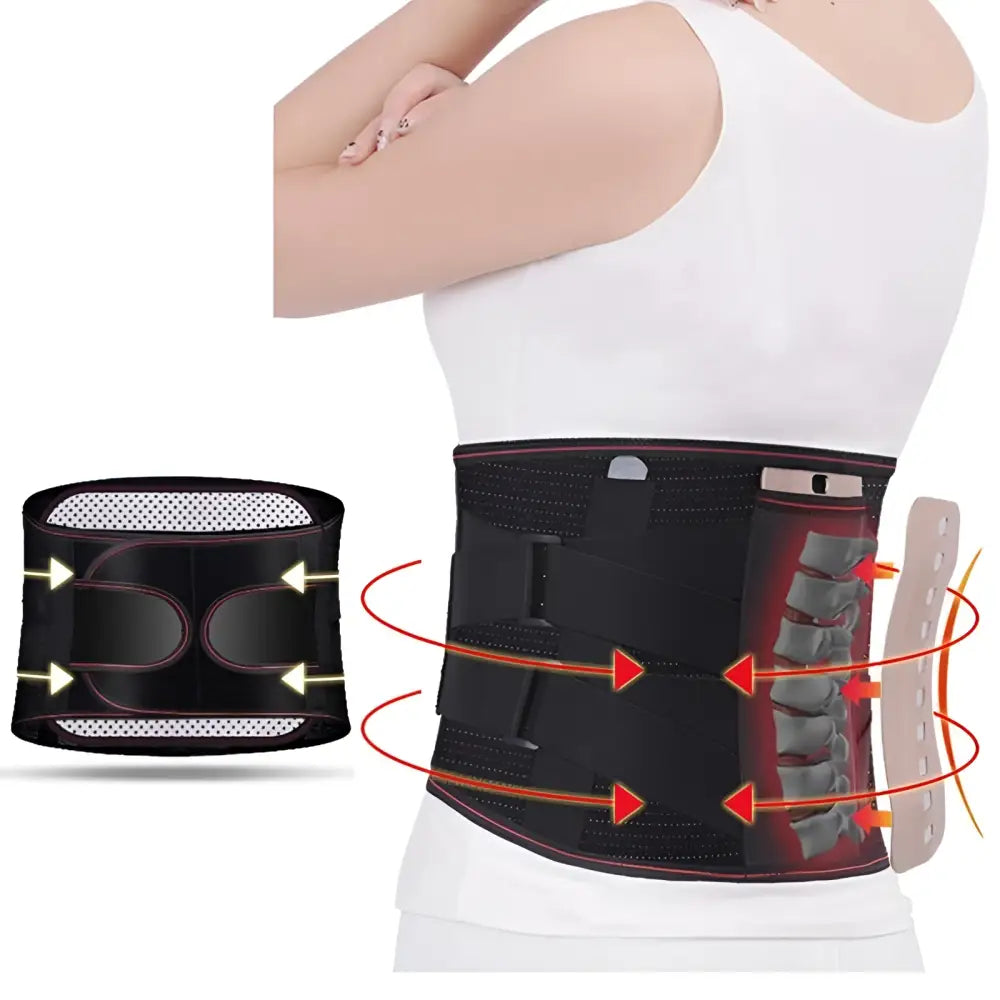 Ceinture orthopédique de maintien lombaire chauffante et magnétique sur homme vu de dos et zoom sur les renfort dorsaux