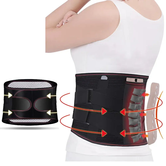 Ceinture orthopédique de maintien lombaire chauffante et magnétique sur homme vu de dos et zoom sur les renfort dorsaux