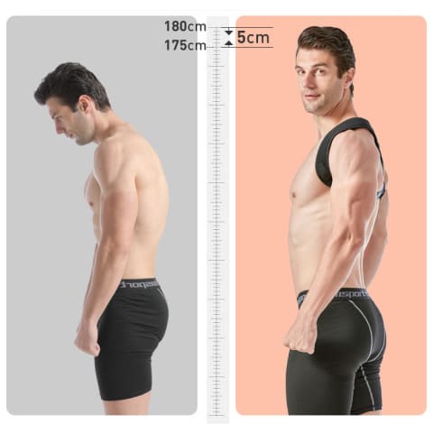 Homme avec le correcteur de posture en néoprène mixte et détails avant après des gains obtenus